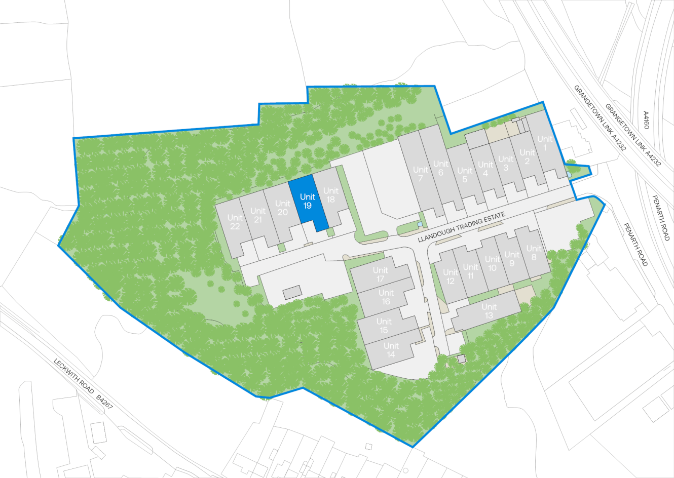 Site map depicting several residential units in the Landough Trading Estate, featuring Unit 19 highlighted in blue among green tree areas, and outlined by a blue border.