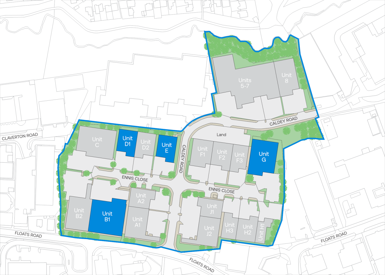 Site plan displaying labelled units, roads, green spaces, and property boundaries; units are identified as A1–H3 and 5–7, with main entrances from Caley Road and Floats Road.