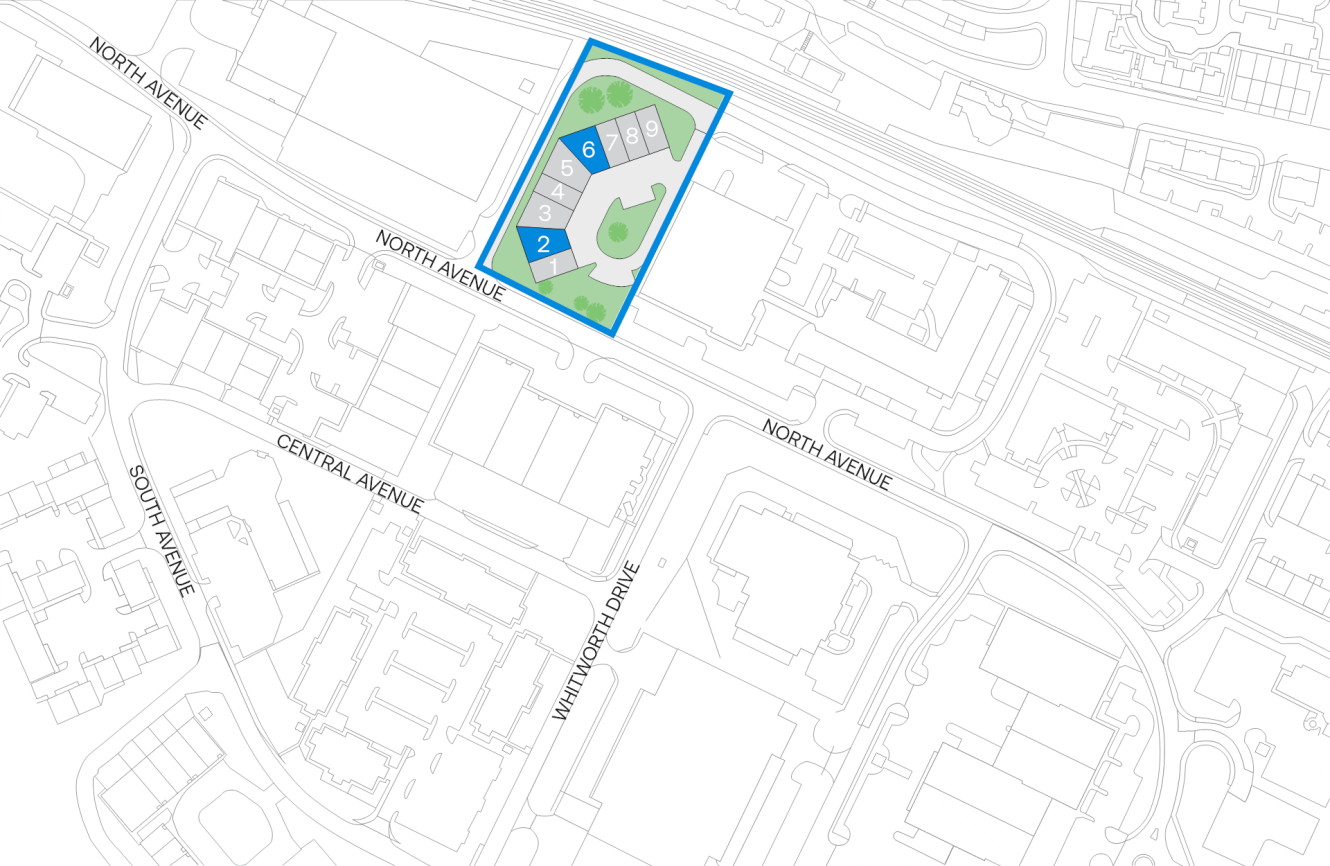 Map showing a highlighted rectangular area bordered by North Avenue, featuring buildings labelled 1 through 6, green spaces, and nearby streets.