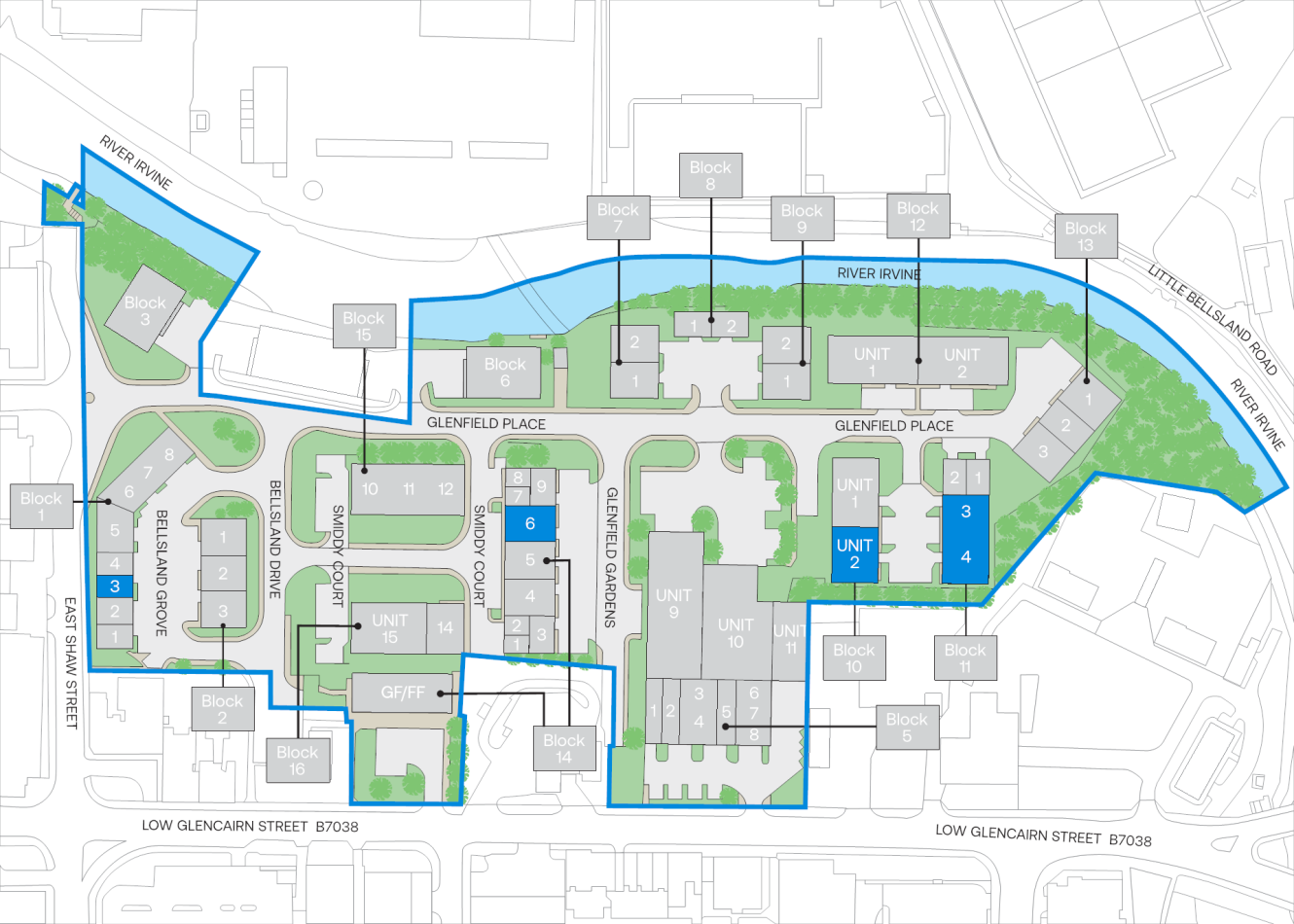 Site map of a residential development with labelled blocks, units, roads, parking areas, green spaces, and the River Irvine along the top edge. Streets and pathways are distinctly marked.