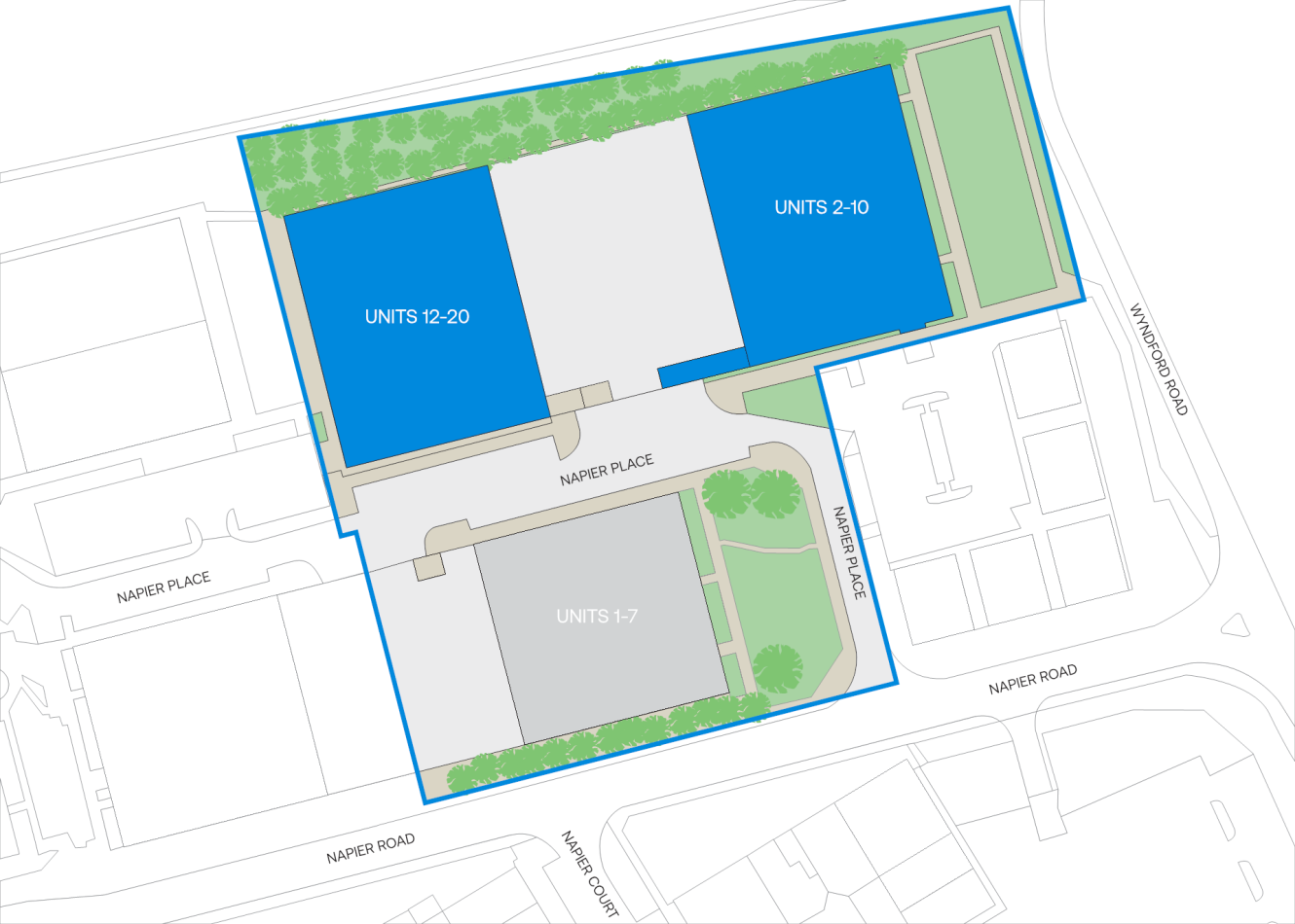 Site map with three unit blocks labelled Units 2–10, Units 12–20, and Units 1–7; bordered by Napier Road, Napier Place, and Waterford Road; green areas indicate trees.