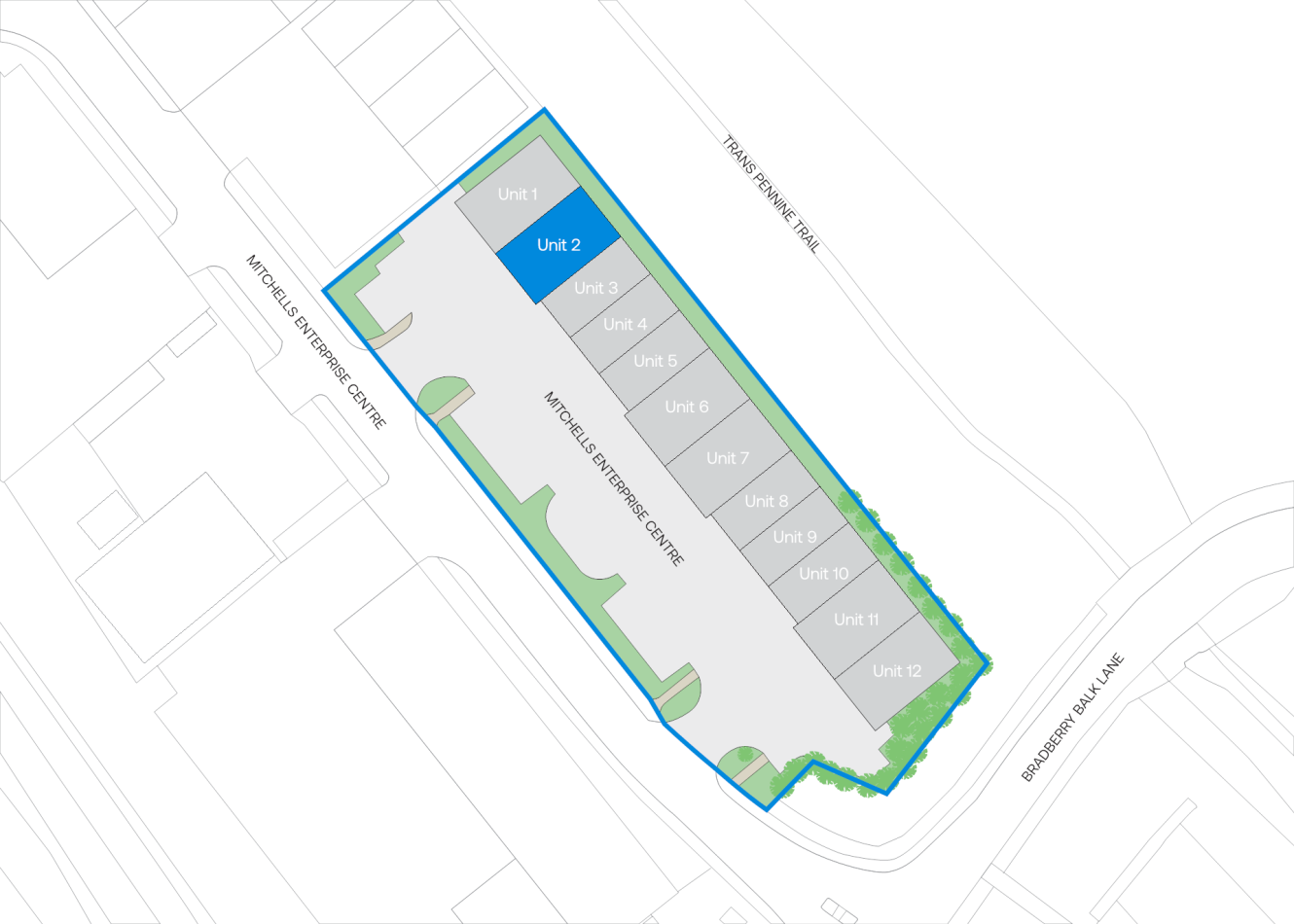 Site map of a business centre with 12 labelled units; Unit 2 stands out in blue while the remaining units appear in grey, and the property is bordered by roads and pathways.