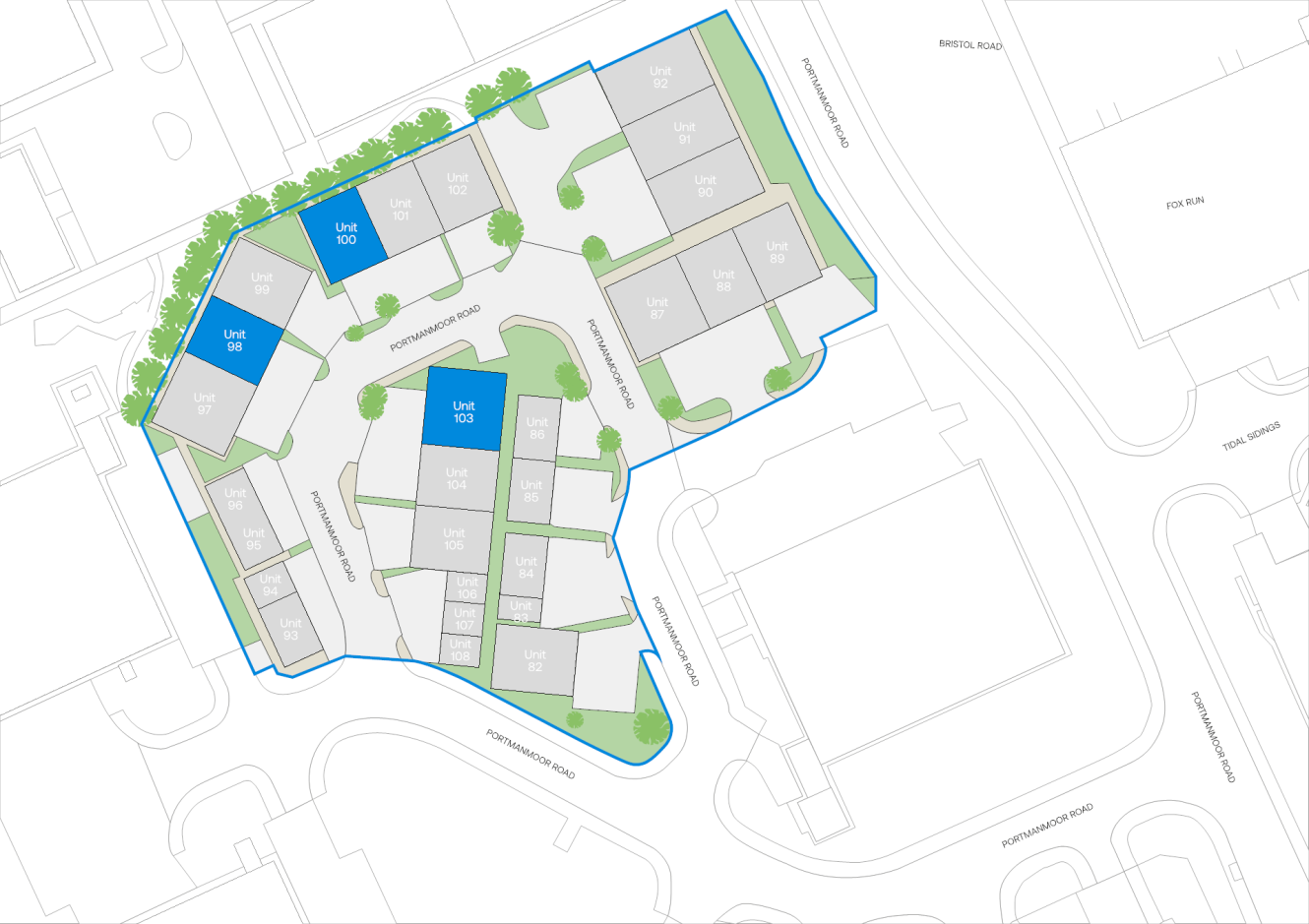 Site plan displaying multiple residential units outlined in blue, with Units 100, 101, and 102 highlighted in a darker shade; nearby streets and green spaces are visible.