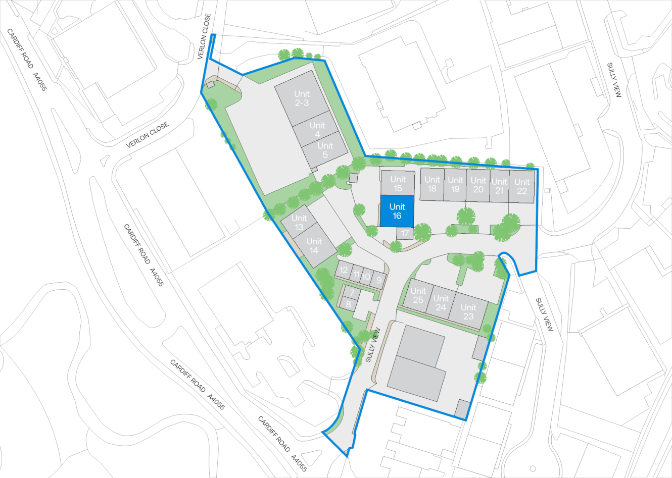 Site map of an outlined property with buildings labelled by unit numbers, roads, pathways, and green areas featuring trees; Unit 16 stands out in blue.
