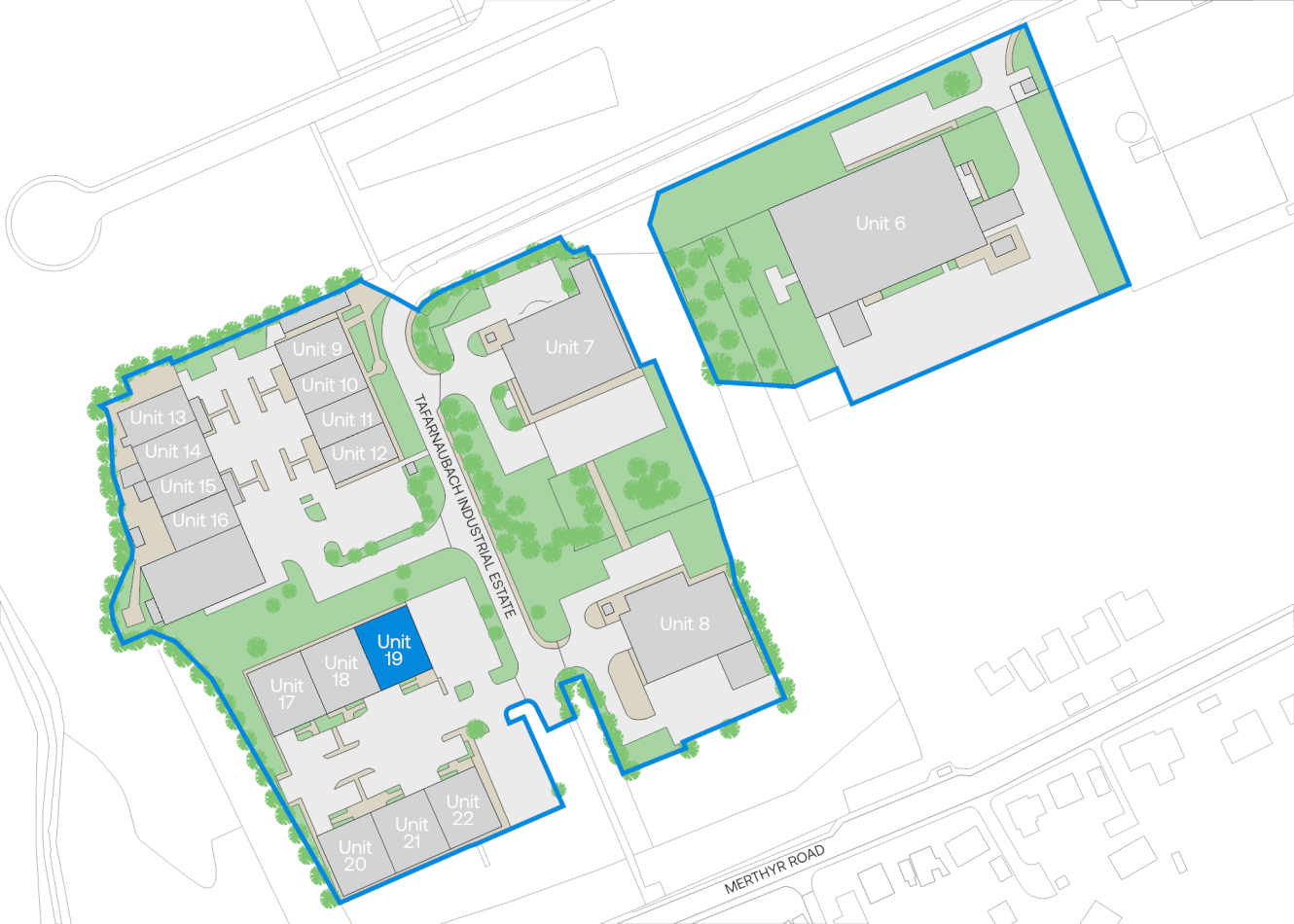 Site map with several buildings labelled as units, landscaped areas, paths, and surrounding roads. Unit 19 is marked in blue near the bottom left area of the map.
