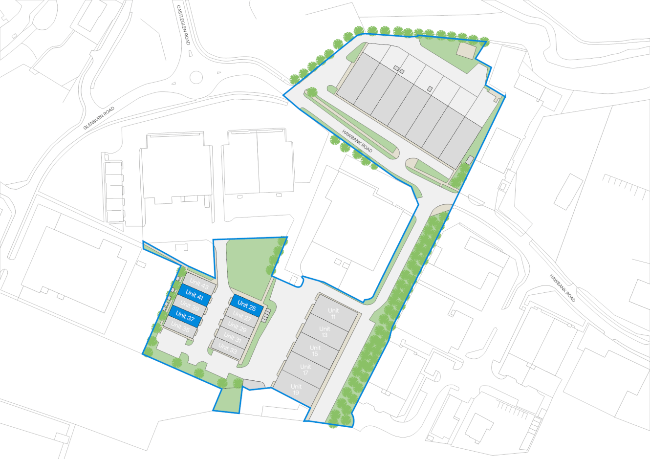 Site plan depicting buildings, open spaces, car parks, driveways, labelled units (Unit 25, 27, 29), and tree-lined boundaries within a surrounding street grid.