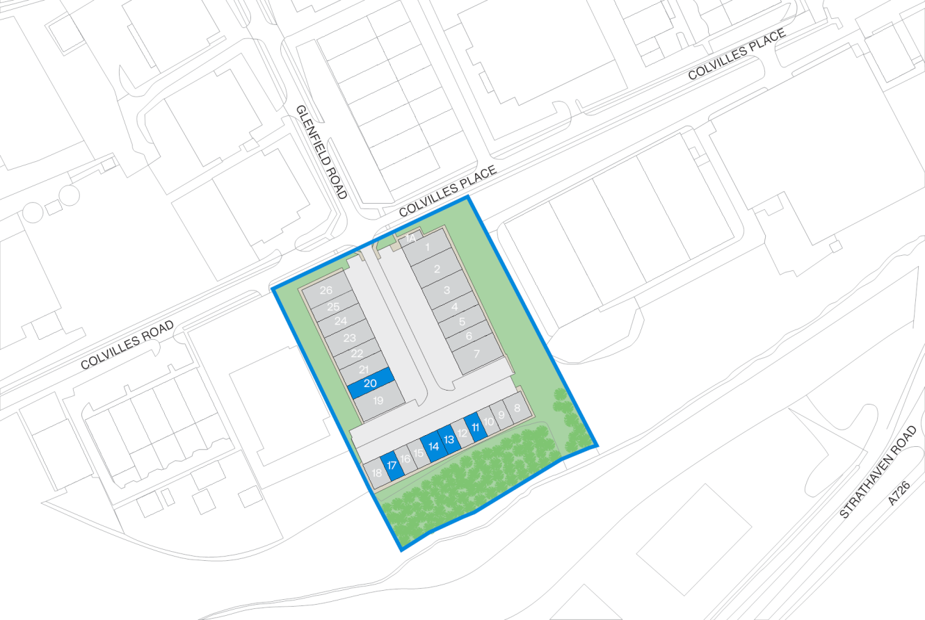 Site plan showing a rectangular car park with numbered spaces, outlined in blue, bordered by Colvilles Road, Colvilles Place, and Strathclyde Road.