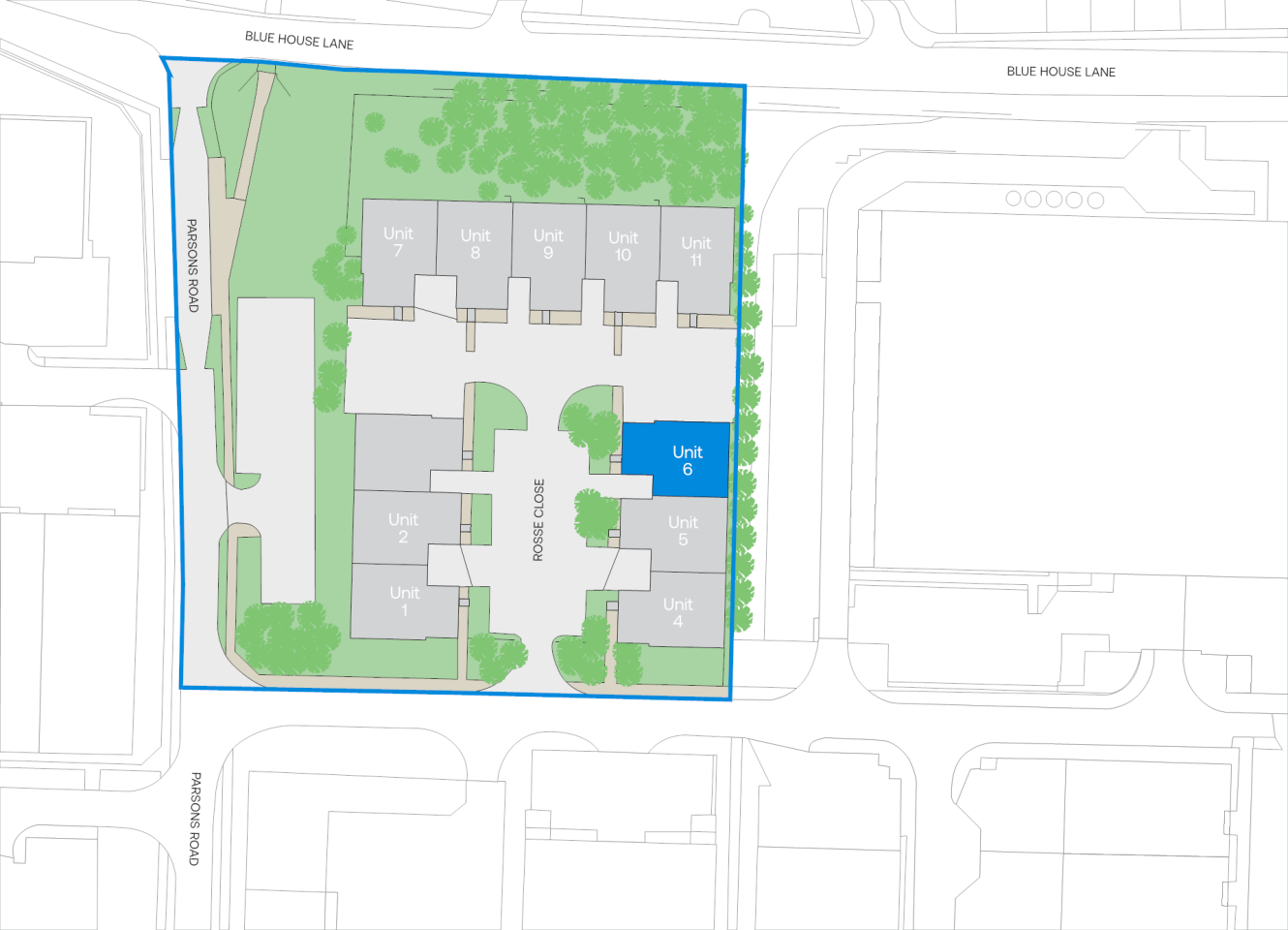 Site map displaying the arrangement of residential units 1 to 11 surrounding Poyse Close, with borders along Ashdown Road and Blue House Lane. Unit 6 is marked in blue, and green spaces represent landscaped areas.