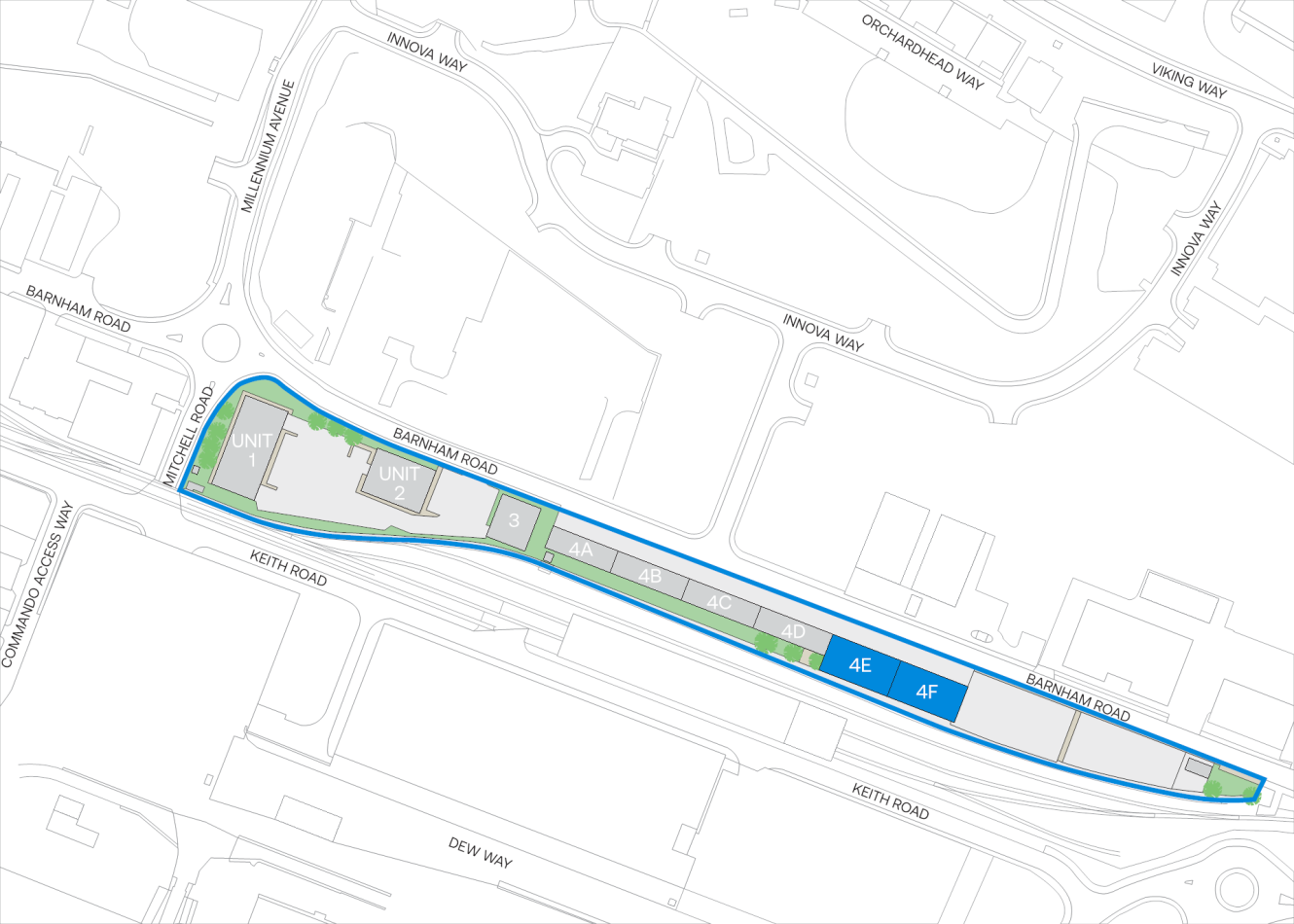 Map showing a long building along Banham Road with labelled units 1–7 and coloured sections marked 2F, 4F, 4E, 2E, and 4D; surrounding roads and buildings are outlined.