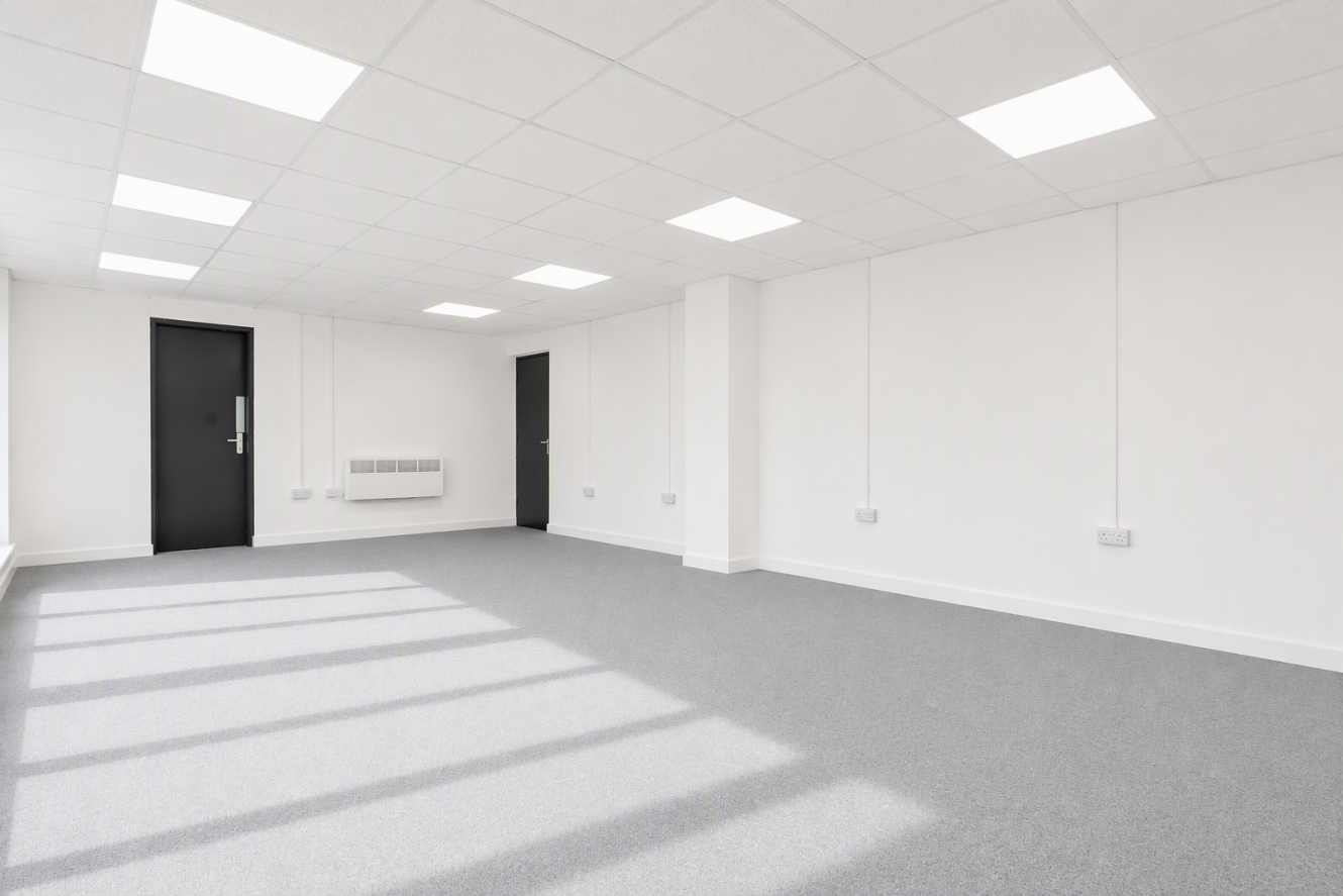 Empty office space with white walls, grey carpet, two black doors, and a ceiling with fluorescent lights. Sunlight streams in through windows, casting shadows on the floor.