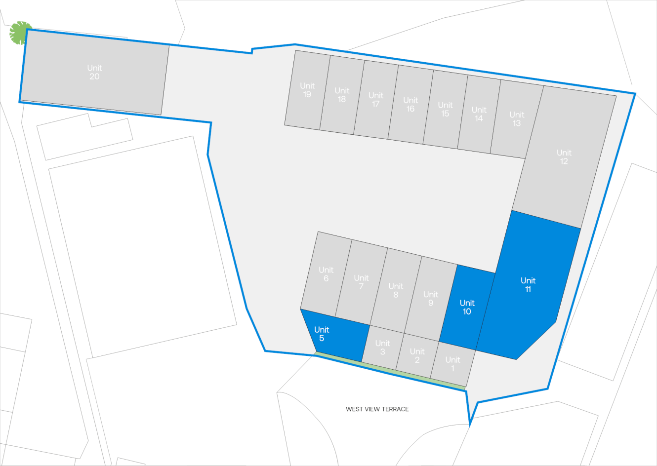 A site map displays labelled units in a complex, with Units 5, 10, and 11 highlighted in blue and the remaining units shown in grey. “West View Terrace” appears at the bottom.