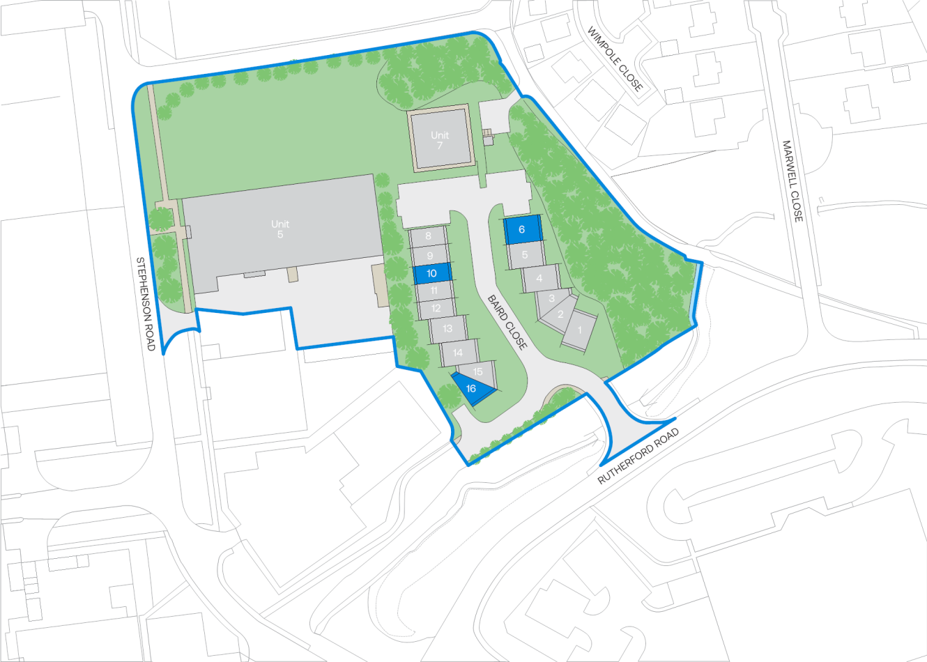 Site plan depicting an outlined property with buildings labelled 6, 8, 10, 12, 14, and 16. Includes designated parking areas, green spaces, and the bordering streets Stevenson Road and Rutherford Road.