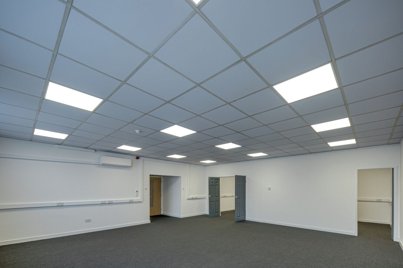 Empty office room with grey carpet, white walls, ceiling tiles, fluorescent lights, and several doorways.