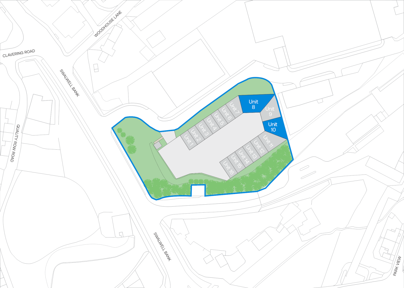 Site map showing a rectangular car park surrounded by green space, with Units 8, 9, and 10 labelled on the northeast side, and bordered by multiple roads.