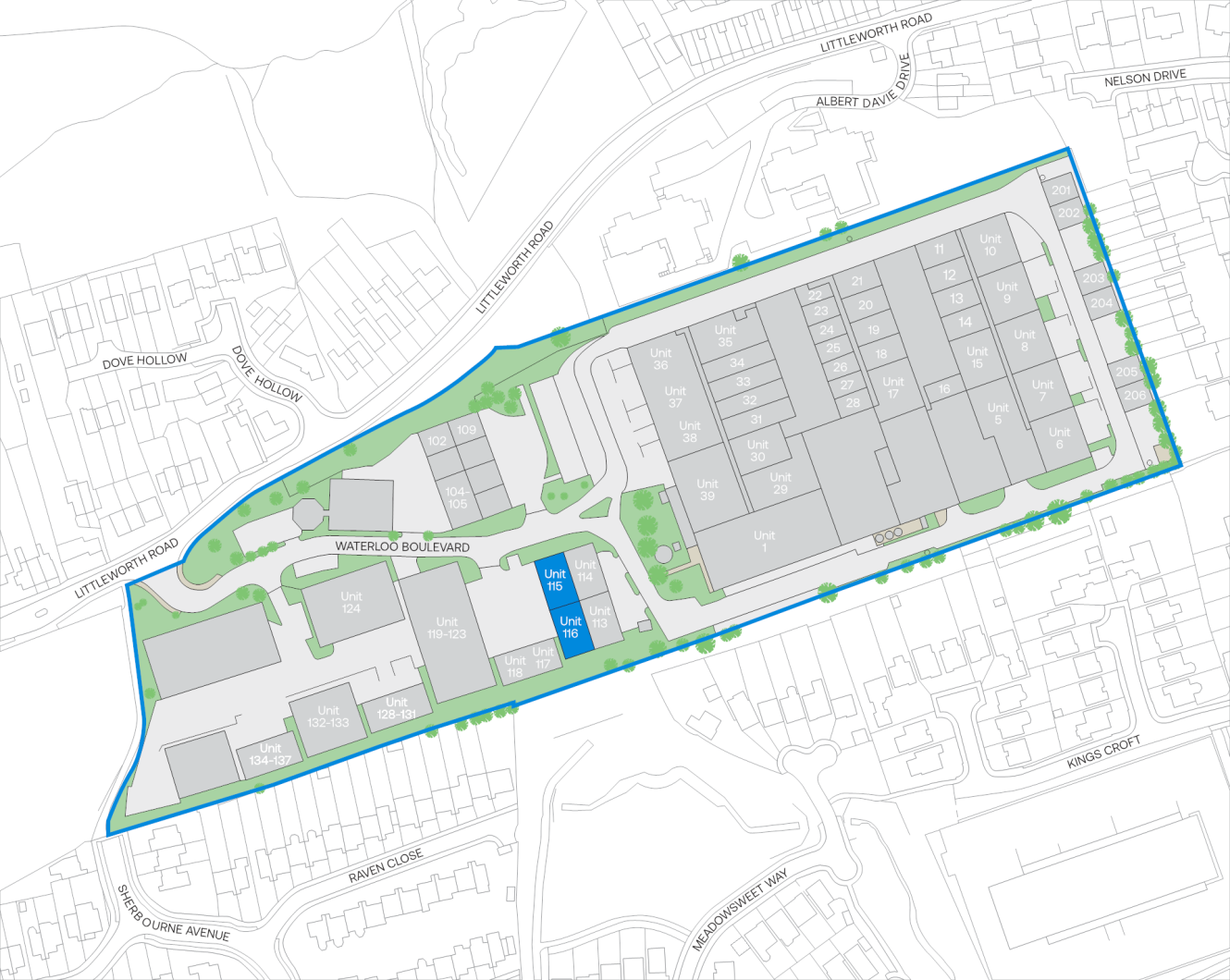 Site plan displaying various labelled building units, internal roads, green spaces, and adjacent residential streets; the site is marked with a blue outline.