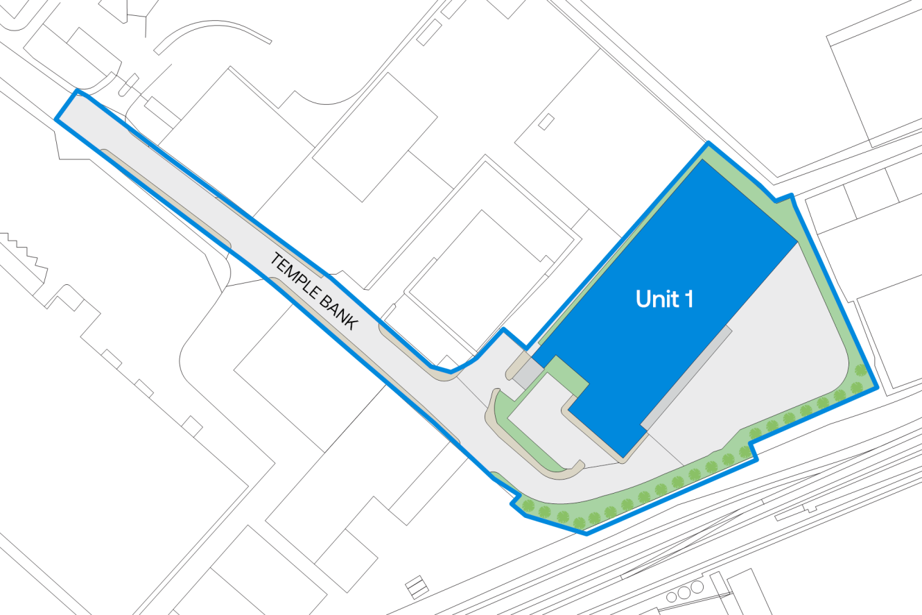 Site map featuring a large blue building labelled Unit 1, accessible from Temple Bank, with a surrounding boundary highlighted in blue. Green areas depict landscaping along the perimeter.