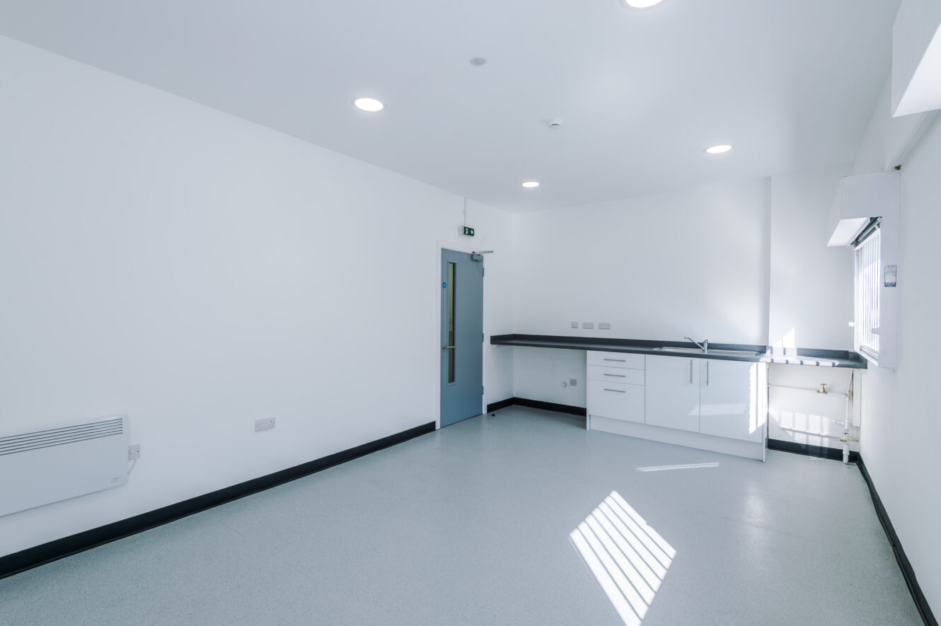 Empty, brightly lit room with white walls, a blue door, white cupboards, black worktop, and a window letting in sunlight.