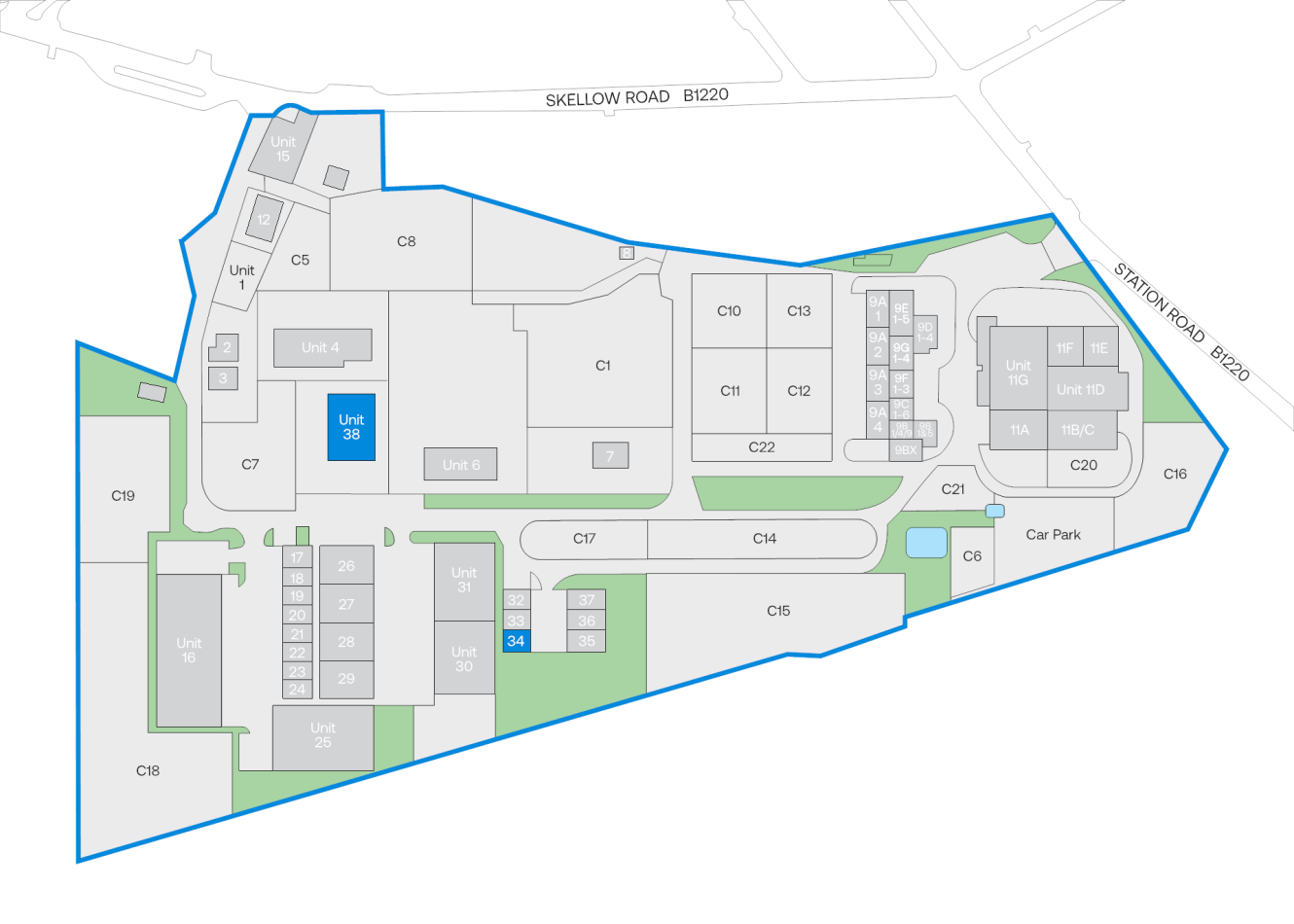 Site map showing labelled units, car park, and perimeter roads (Skellow Road, Station Road); Unit 38 and 34 are highlighted in blue.