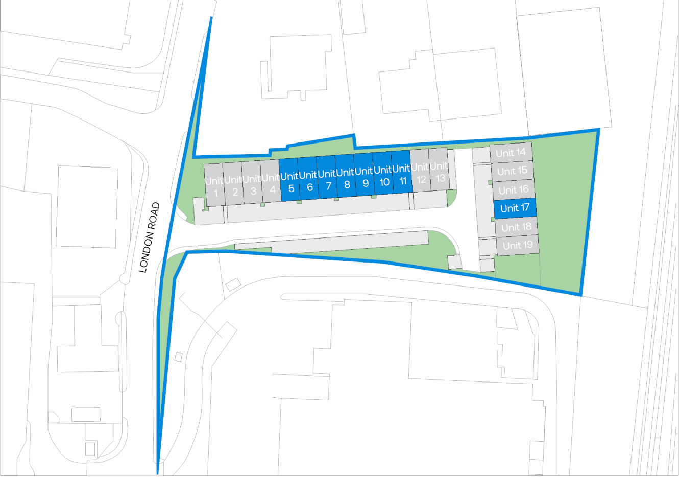 Site plan with 18 labelled units arranged along a central road, bordered by London Road on the left and enclosed within a blue outline.