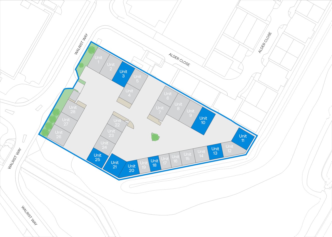 Site plan showing 26 labelled units arranged around a central open area, bordered by Marley Way and Alder Close, with green spaces located at the north-west and north-east corners.