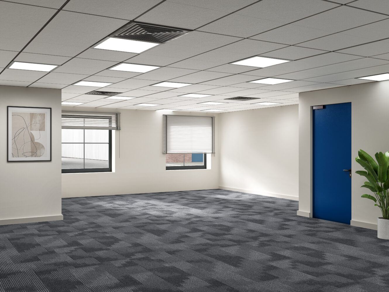 Empty office with grey carpet, white walls, blue door, two windows, a potted plant, and a framed abstract artwork. Ceiling lights are on and the space appears clean and modern.