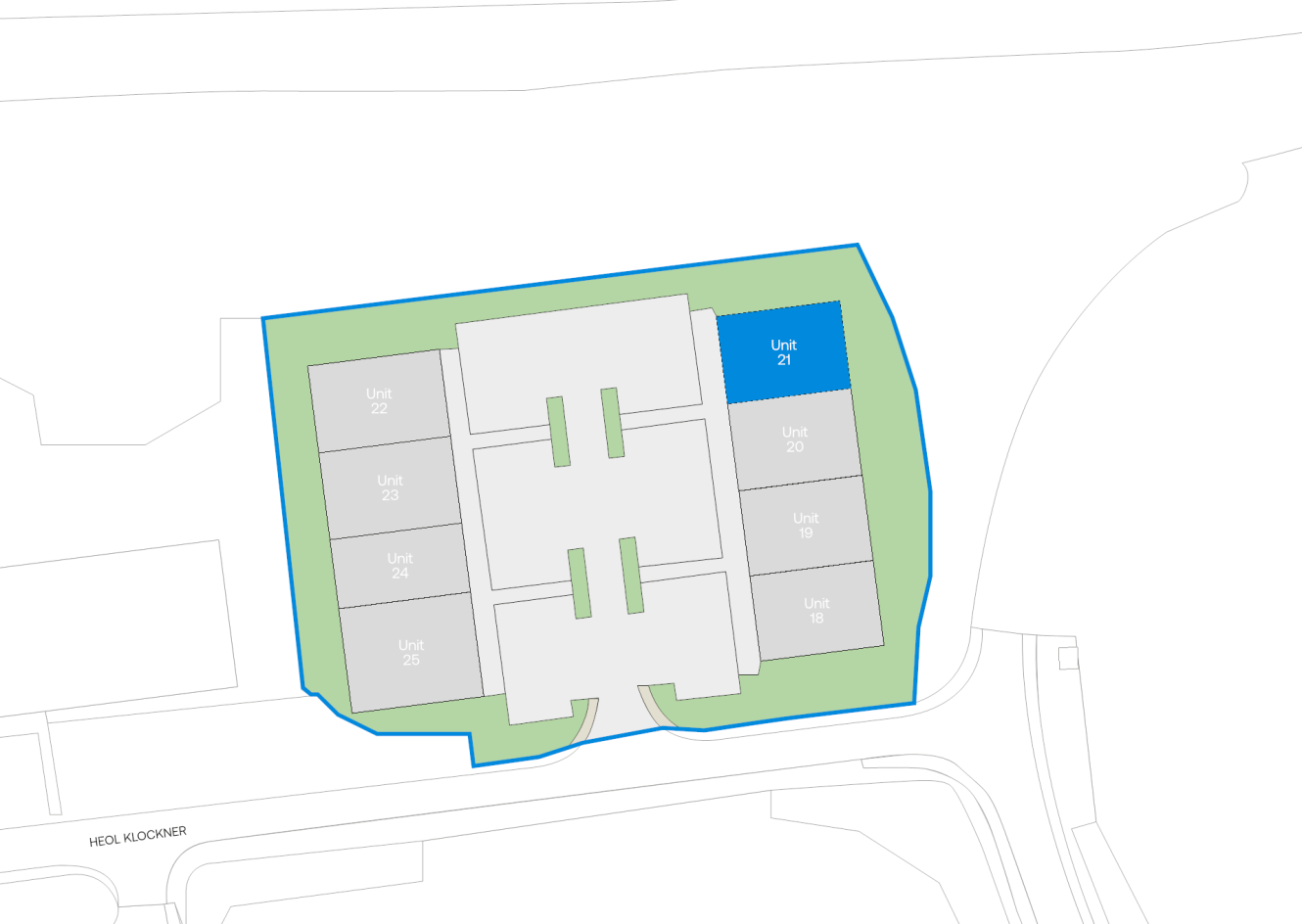 Site map of a building complex featuring labelled individual units; Unit 21 stands out in blue in the upper right corner.