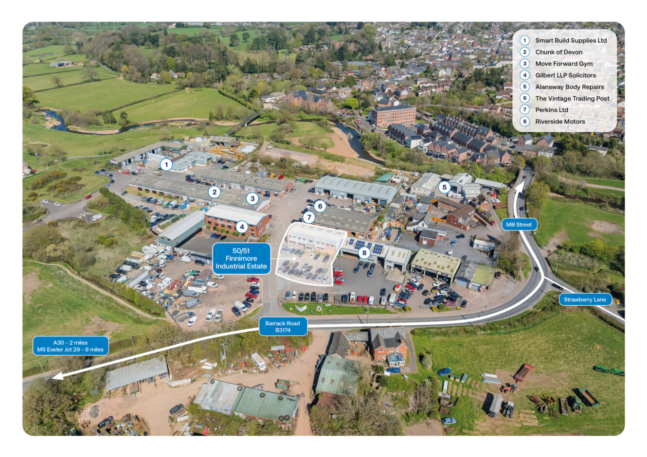 Aerial view of SGS Finstall Industrial Estate showing labelled company locations, surrounding roads, fields, and a nearby residential area.