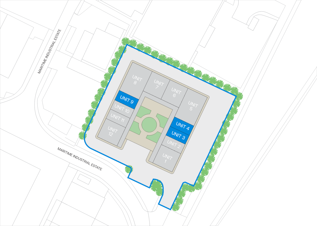 Site map displaying 12 labelled units arranged in a ring around a central courtyard, with units 3, 4, 8, and 9 highlighted in blue. The building complex is bordered by trees and walking paths.