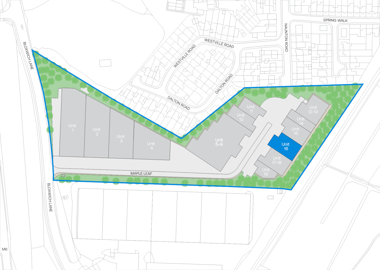 Site map displays units 1-16 along Maple Leaf, bordered by Bowham Lane and green space, with nearby housing and roadways labelled.