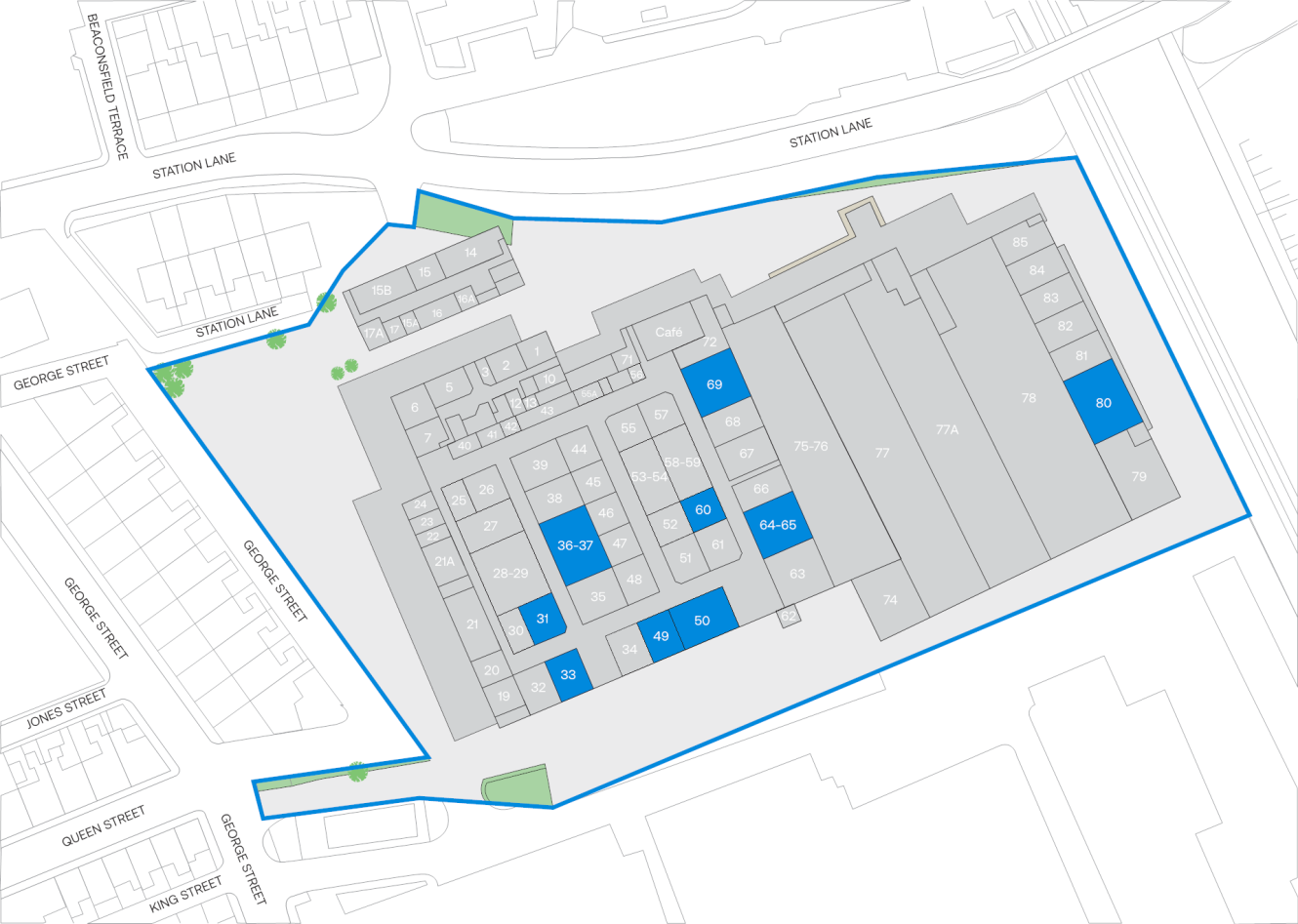Site map of a building complex outlined in blue, featuring numbered units in grey and blue, labelled streets around the perimeter, and small green tree icons dotted throughout certain areas.