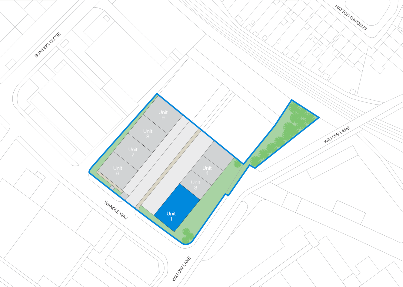 Site map showing eight labelled units, access roads, and green space outlined in blue, bordered by Walton Vale, Wallace Way, and surrounding residential areas.