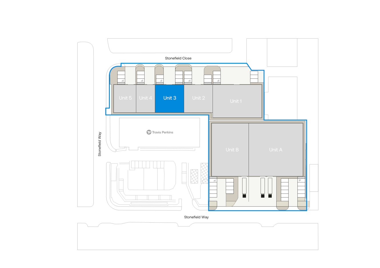 Site plan with labelled units 1-5, highlighting Unit 3, as well as Unit A, Unit B, the Travis Perkins area, parking spaces, and surrounding roads Stonefield Way and Stonefield Close.