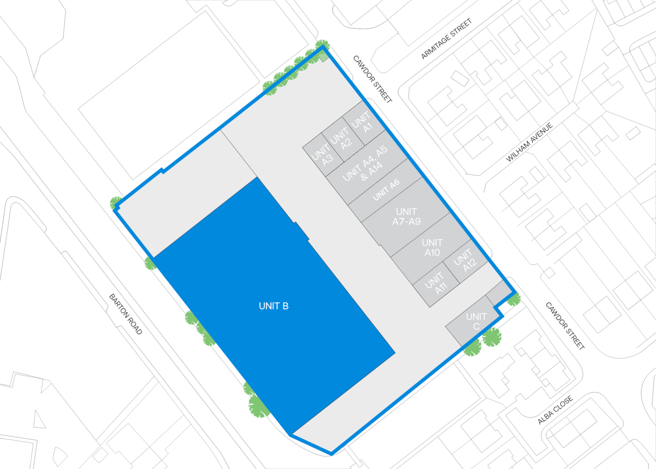 Site map displaying several labelled units inside a property boundary, with Unit B highlighted in blue, positioned between Bark Road and Cardiff Street.