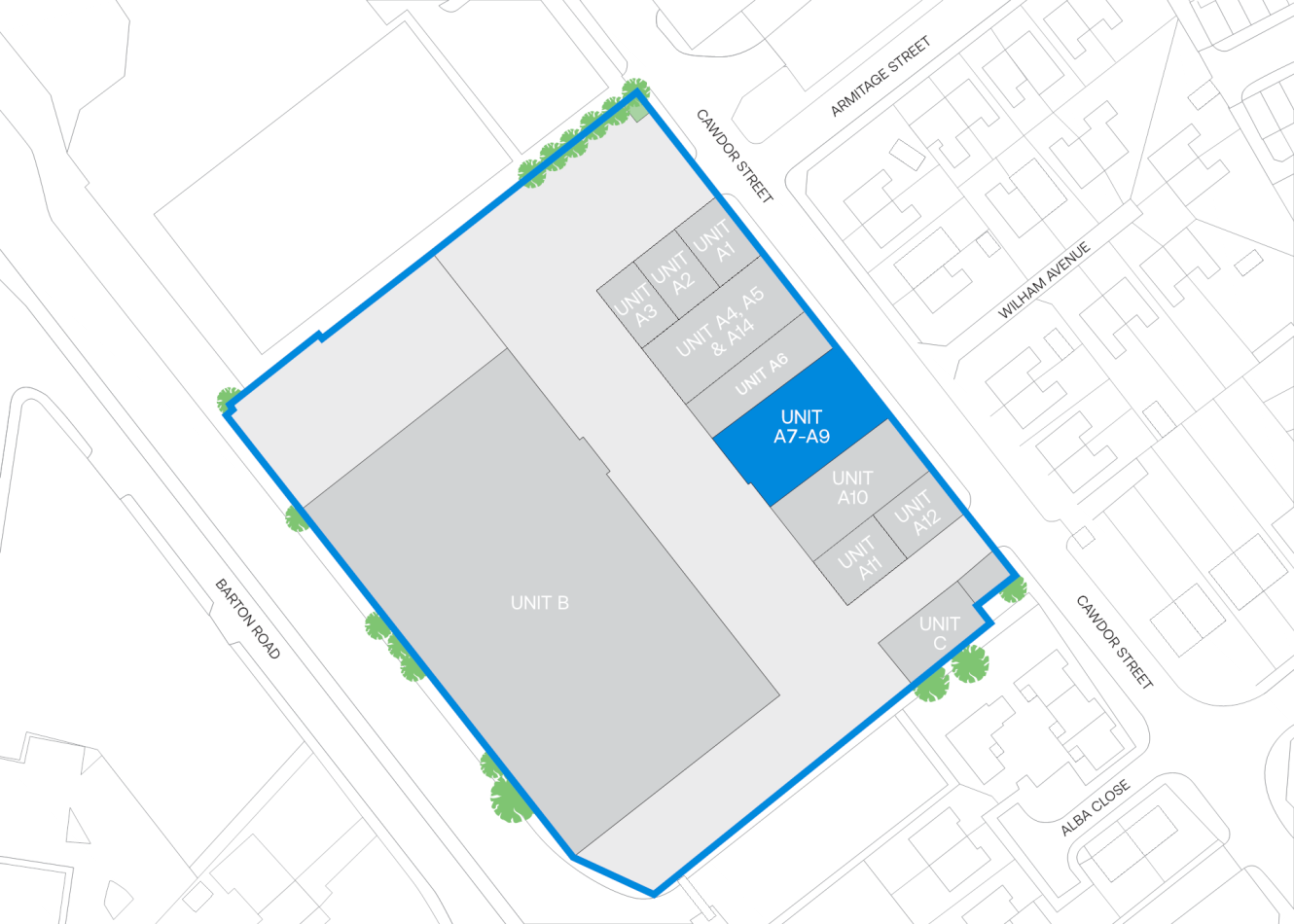 Site map with building sections labelled Unit A, UNIT A4-A9, UNIT A10, UNIT A7-A9, UNIT B, and UNIT C, each outlined in blue along major roads and residential areas.