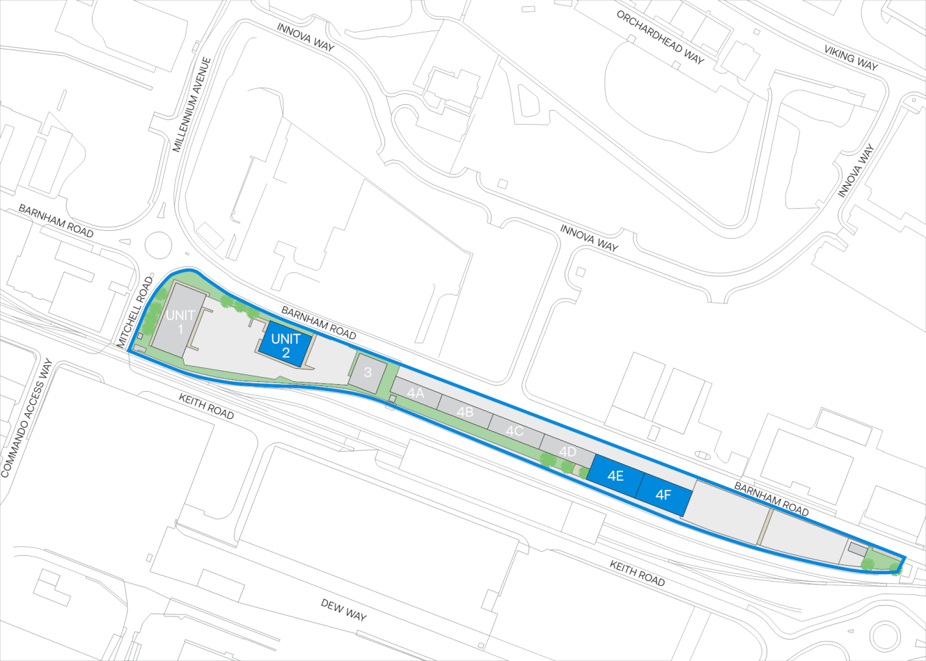 Map displays the arrangement of multiple building units along Banham Road, with clear labels for UNIT 2, 2E, 4F, and 4E, as well as nearby roads such as Keith Road and Aleenham Avenue.