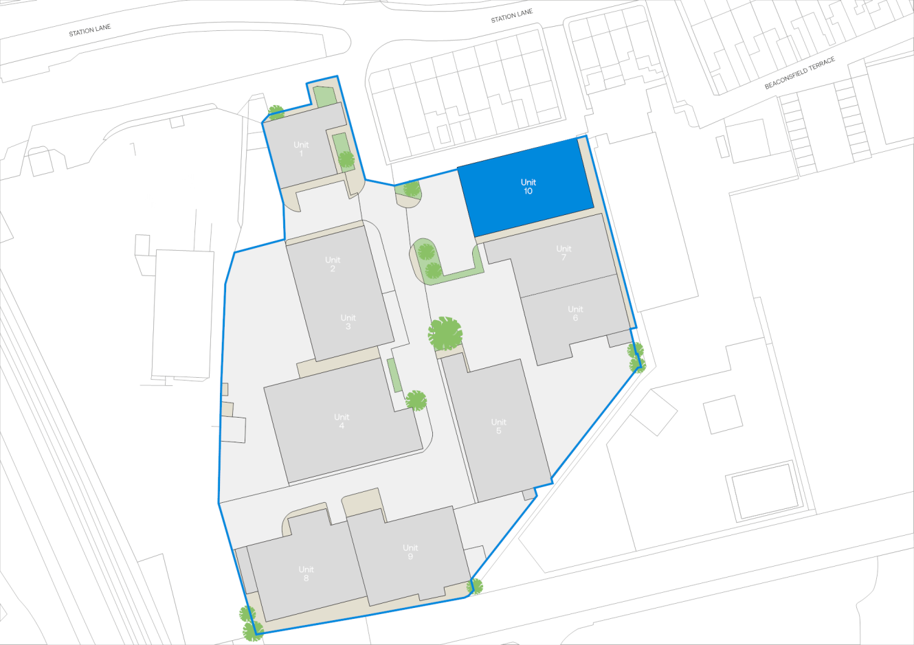 Site plan depicting several buildings within a blue boundary; Unit 10 is highlighted in blue, with green trees and pathways present among the structures.