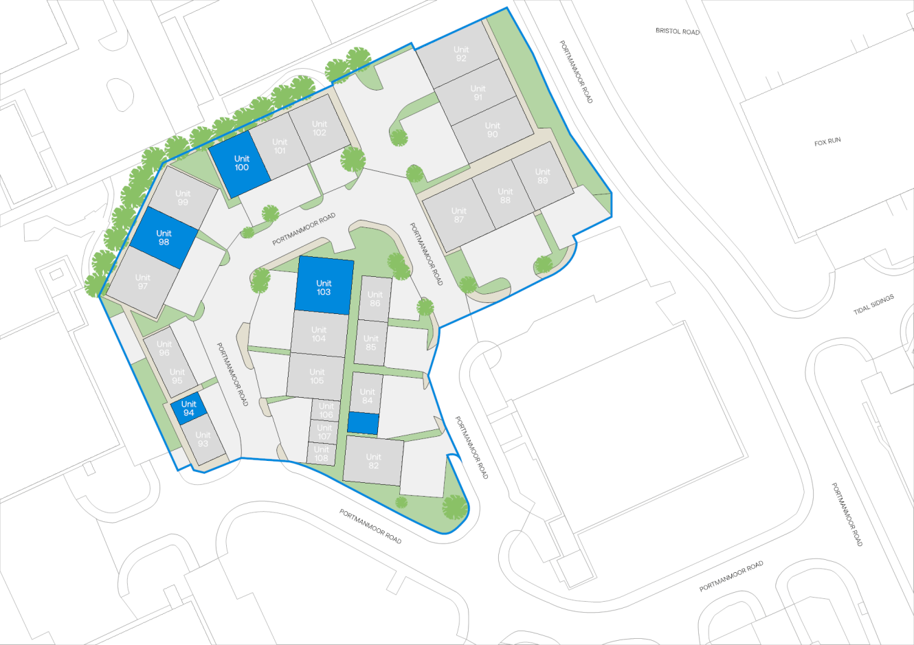 Site plan featuring several residential units, some highlighted in blue and labelled from Unit 100 to Unit 106, with surrounding roads, pathways, and landscaped areas.