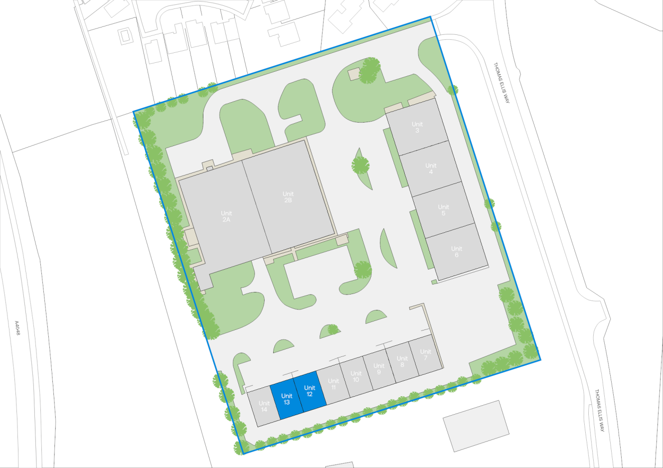 Site plan of a building complex featuring multiple units, parking areas, green spaces, and driveways; units 12 and 13 are highlighted in blue.