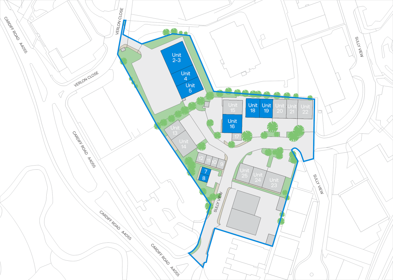 Site map featuring numerous labelled units in blue and grey, with green landscaped areas, paths, and surrounding roads. A blue outline indicates the property boundary.