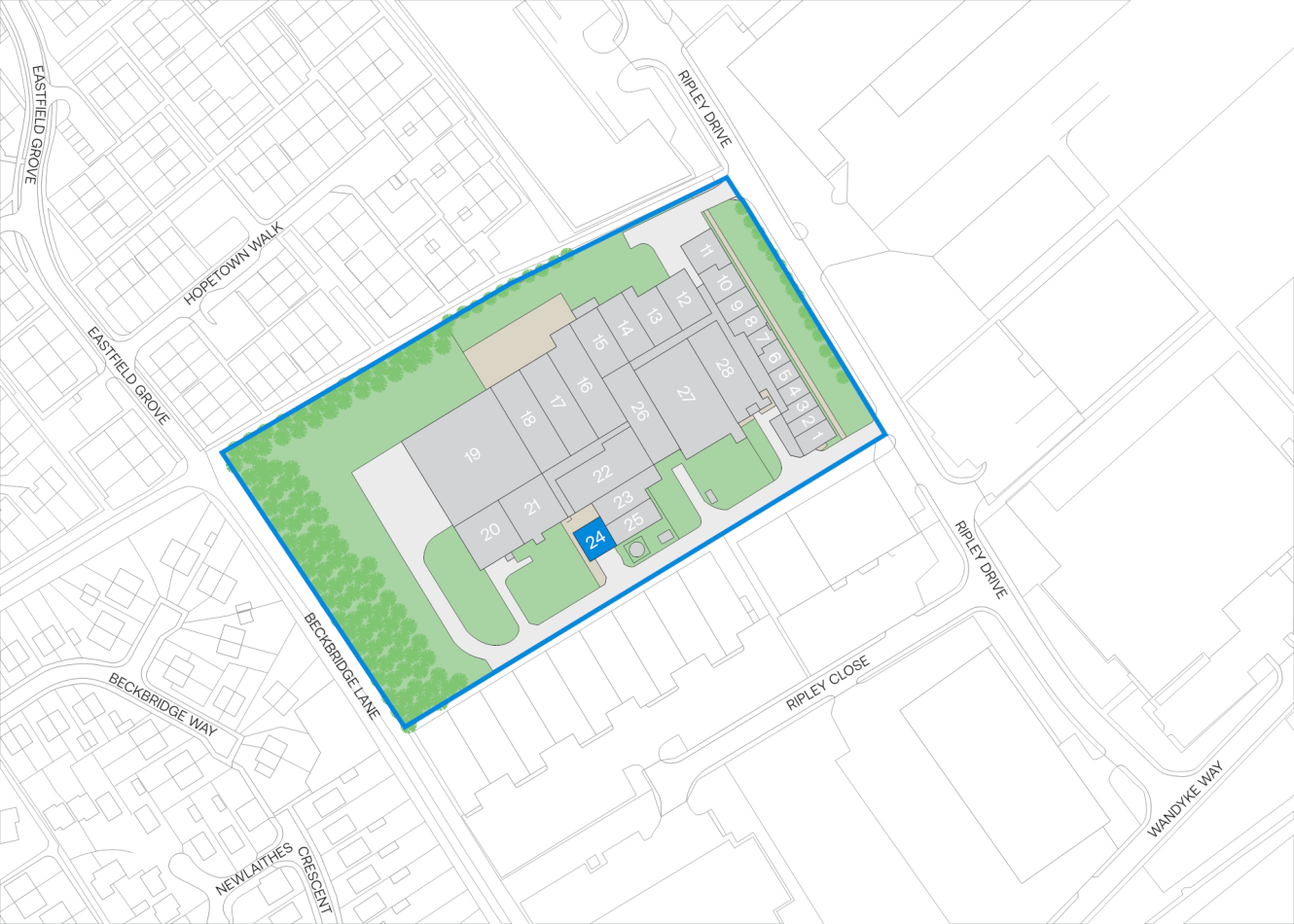 Site plan depicting a building complex with labelled units, green spaces surrounding the area, and adjacent streets; unit 24 stands out in blue at the centre of the complex.