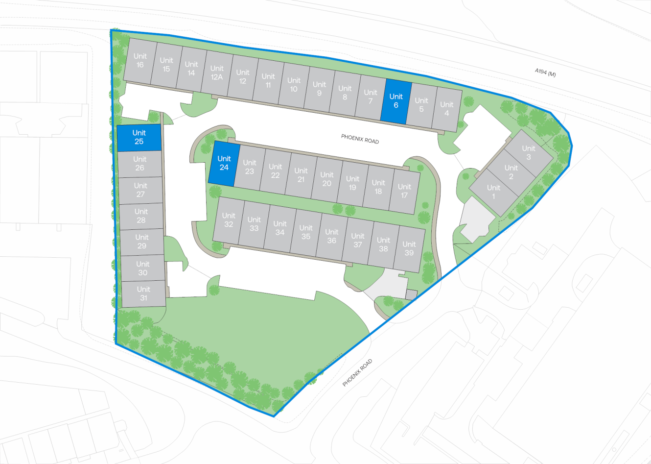 Site plan with 38 residential units arranged around a central loop road, surrounded by trees and green spaces, with Ada and Phoenix roads labelled.