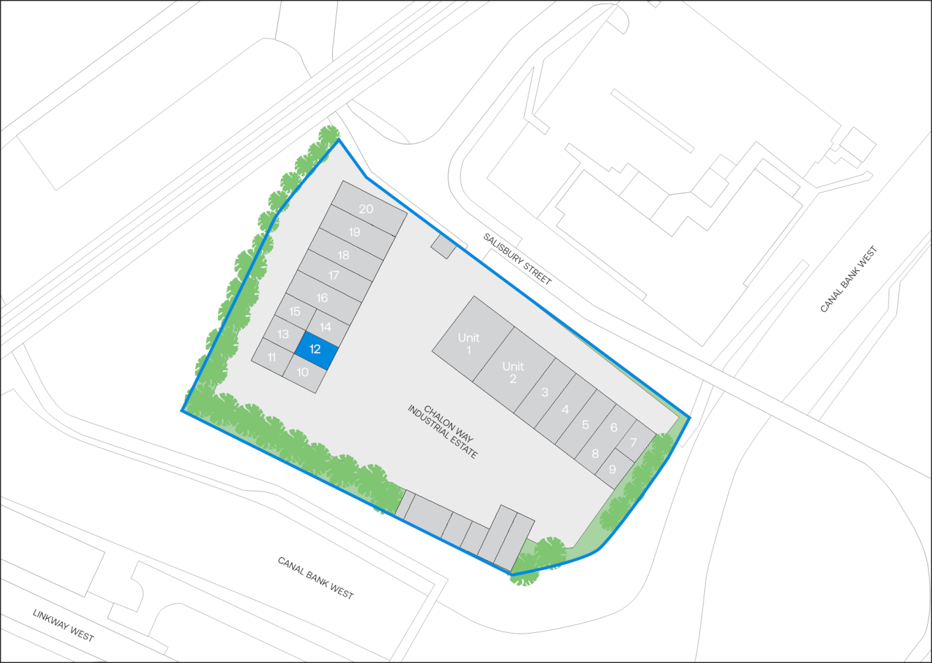 Site map featuring numbered parking spaces with space 12 highlighted, units labelled 1–8, surrounding roads, a border of trees along the edges, and boundaries marked in blue.