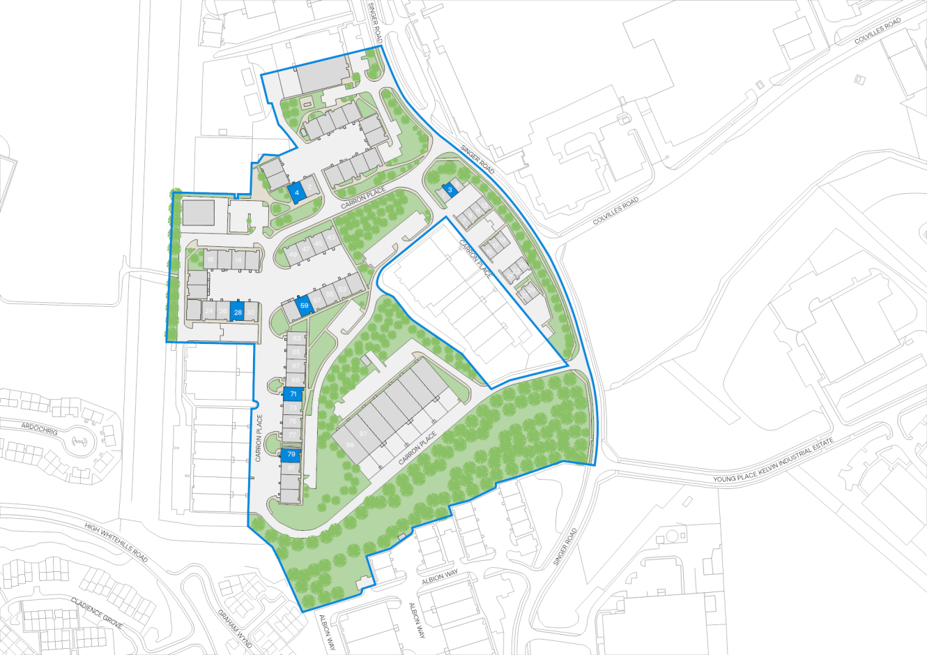 Site plan showing the layout of a residential development at Carron Place with numbered building plots outlined in blue.