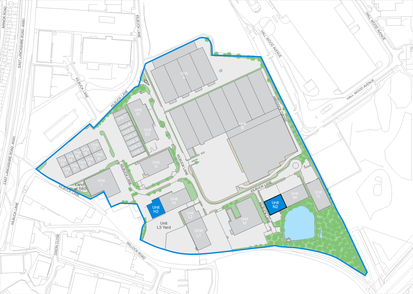 Site plan of an industrial estate with units highlighted in blue, grey, and green, showing surrounding roads and local geography.