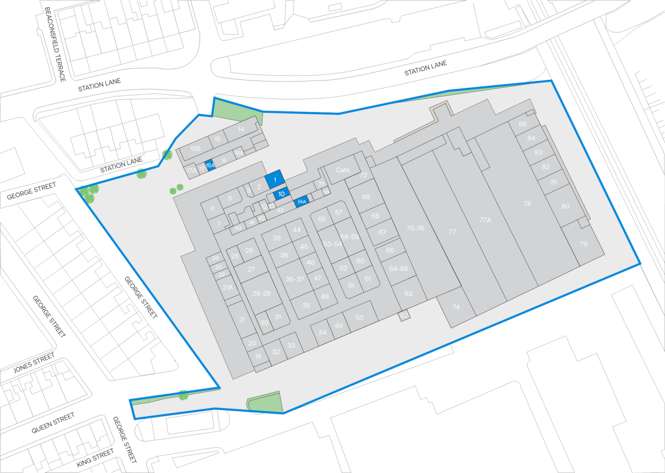 Site map of a shopping area labelled with numbered units, with units 1 and 10 highlighted in blue.
