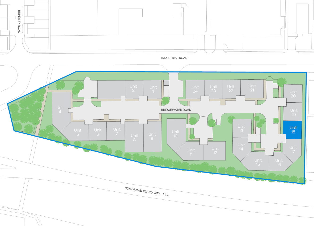 Site plan of an industrial estate with 24 units labelled, showing unit 18 highlighted in blue.