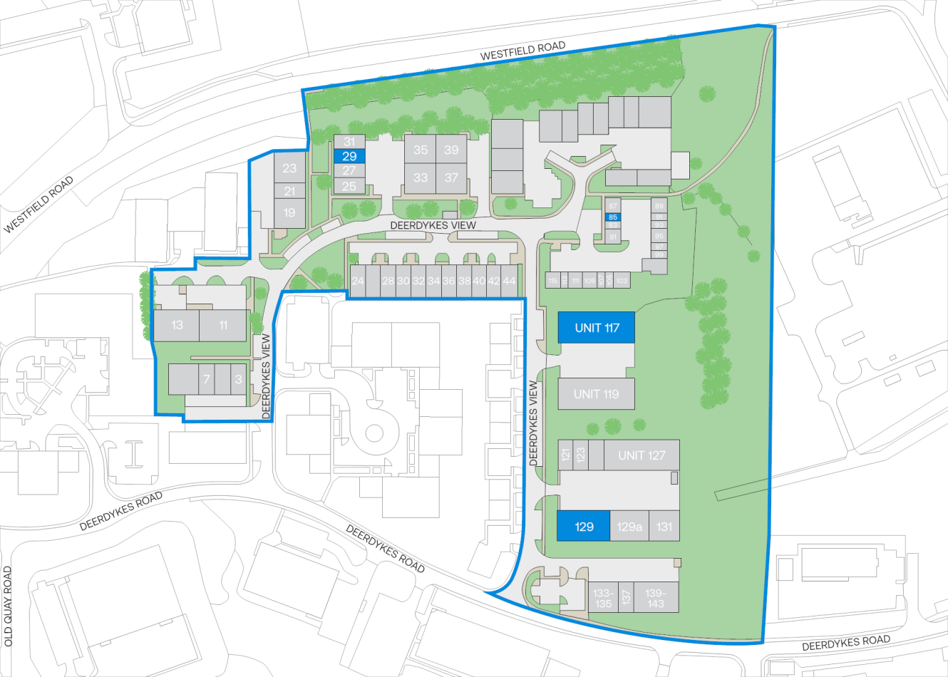 Site plan showing buildings and addresses along Westfield Road, Deerdykes View, and Deerdykes Road, with highlighted plots outlined in blue.
