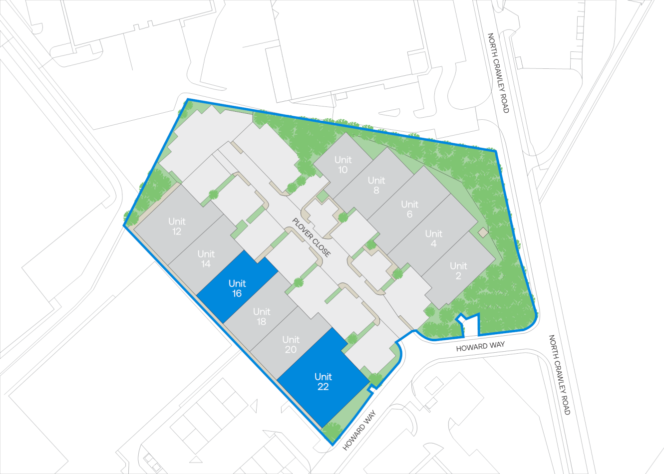 Site plan for a housing development on Plover Close, with units 16 and 22 highlighted in blue.