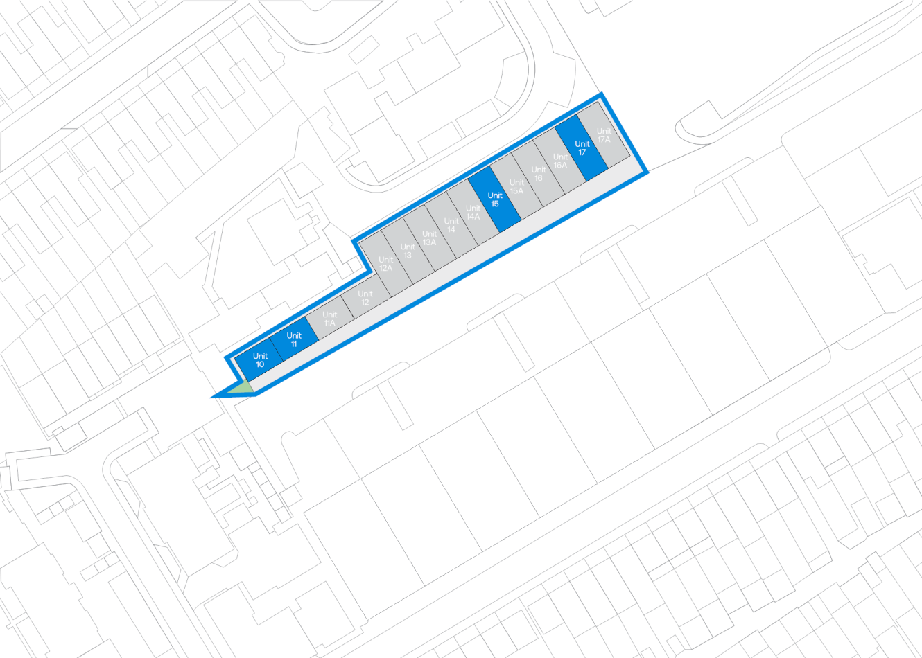 A map layout showing a row of numbered units, with Units 10, 11, 15, and 17 highlighted in blue.
