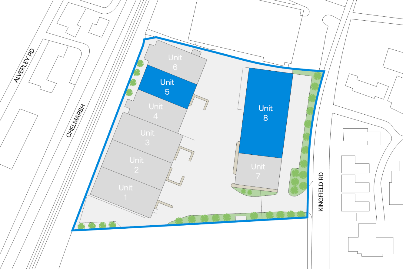 Site map showing units 1 through 8, with units 5 and 8 highlighted in blue.